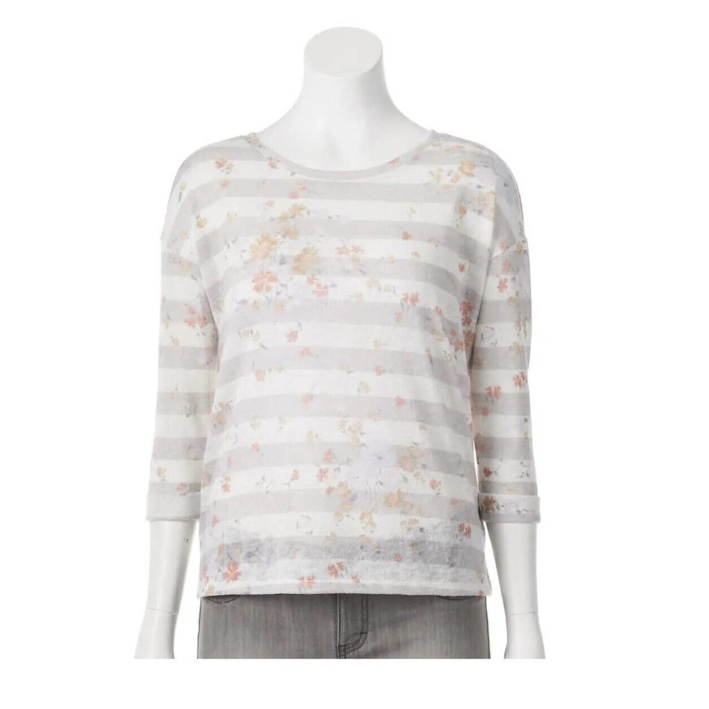 LC Lauren Conrad Scoop Neck Rolled 3/4 Sleeve Floral Sweater Blouse Top Size M